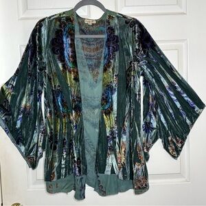 ONE WORLD Velvet Burnout Kimono Bell Sleeves Large Emerald Green/ Blues